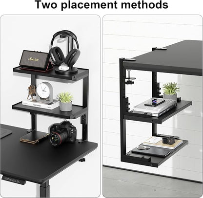 Spacrea 2 Tier Clamp on Desk Shelf | Office Desk Shelves Organizer, Wood Desktop Supplies Storage Rack, Desk Organizers and Accessories (Black)