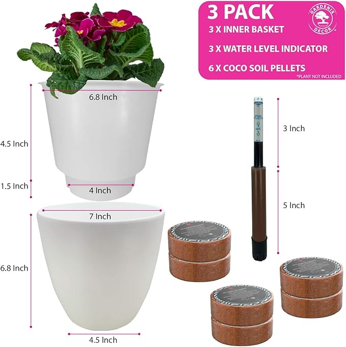 GARDENIX DECOR Self Watering Pots for Indoor Plants 3 Pack - Flower Pot with Water Level Indicator for Plants, Grow Tracking Tool - Self Watering Planter Plant Pot - Coco Coir - White