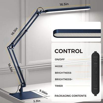 SKYLEO LED Desk Lamp with Slim Base - Adjustable Swing Arm Desk Light, Dimmable, Timer, Eye Protection, Memory Function, 1300LM, 12W, Blue