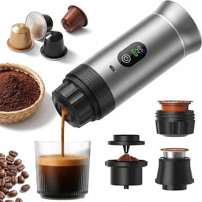 Portable Self-Heating Espresso Maker for Ground Coffee and Capsules | Rechargeable 80 ml travel coffee machine for camping, road trips and car use