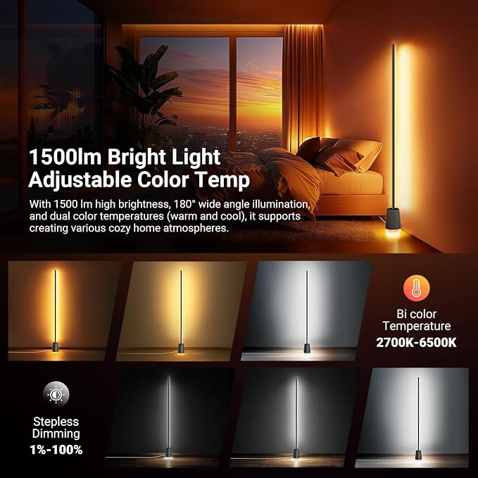 NEEWER NF06 RGB IC CW Smart Floor Lamp, 1500lm LED Standing Corner Light, APP/AI Design/Music Sync, 16 Million Color Ambient Lighting Compatible with Google and Alexa, Living Room Bedroom Home Decor