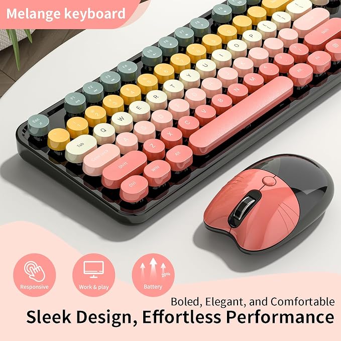 Wireless Keyboard and Mouse, MOFII 104 Round Keycaps Retro Typewriter with OTG & Brush, Full-Size Ergonomic, Ideal for Windows PC, Home, Office and College Rainbow Red
