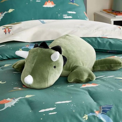 KOWSI® Microwavable Heating Pad Green Triceratops Plush - 1.4 Lb Weighted Stuffed Animal Toy with Tourmaline Beads & Lavender - 16" Squished Long Dinosaur Pillow - Lumbar Back Cushion Lasting Warmth