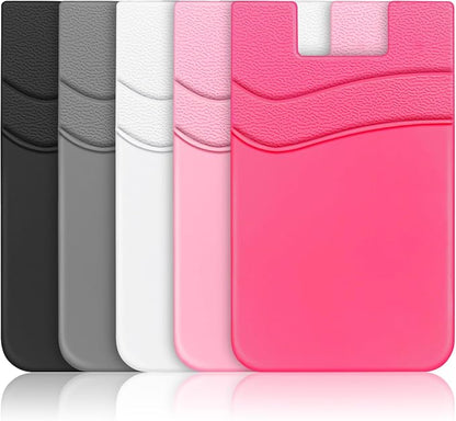 SHANSHUI Phone Wallet, Strong Adhesive Silicone Wallet Sleeve Pocket Stick on ID Credit Card Holder for All Smartphones - 5 Pack Black White Grey Pink Rose