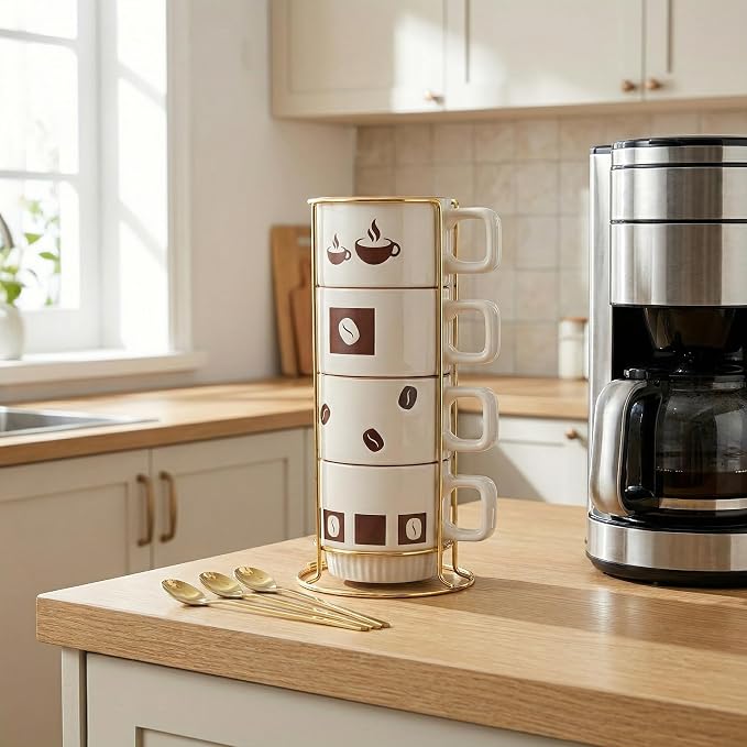 Stackable Coffee Mug Sets of 4 with Rack Tea Cup Set with Spoon 11oz for Coffee, Tea, Cocoa, Cappuccino, Hot Chocolate Ceramic Espresso Cups with Coffee Cup Holder, theme of Trendy