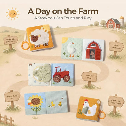 let's make Soft Baby Book for 0-12 Months, Crinkle Sensory Cloth Book with Teether, Mirror, Squeaker and C Clip, Farm Story Tummy Time Stroller Toy
