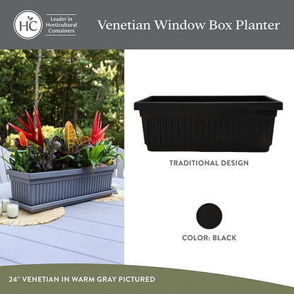 The HC Companies 18 Inch Venetian Window Planter Box with Drainage Plug, Lightweight UV-Resistant Plastic Indoor & Outdoor Planters, 2-Pack Flower Box for Garden & Home Decor, Black