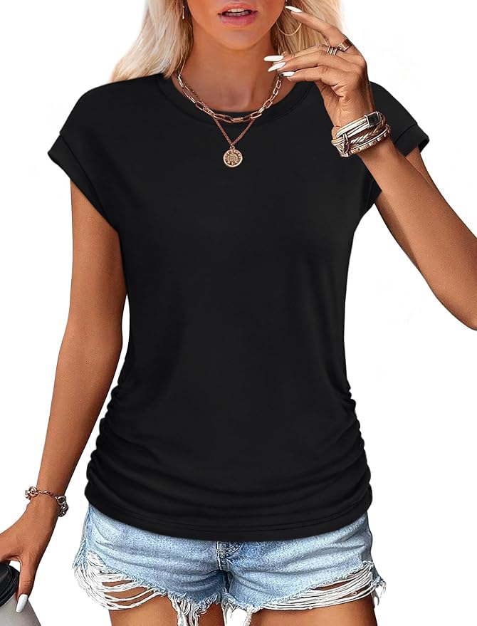 Sampeel Womens Summer Tops Trendy 2026 Ruched Cap Short Sleeve Tshirts Shirts Crew Neck T Shirts Fashion
