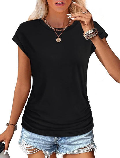 Sampeel Womens Summer Tops Trendy 2026 Ruched Cap Short Sleeve Tshirts Shirts Crew Neck T Shirts Fashion