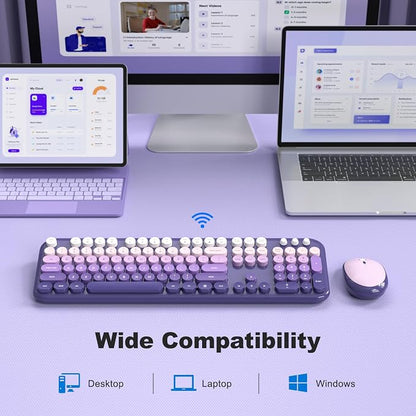 MOFII Wireless Keyboard and Mouse Combo, Full Size 2.4G Retro Round Computer Keyboard and Mouse Set, Plug and Play, for Windows, Computer, Desktop, PC, Notebook - (Purple Gradient)