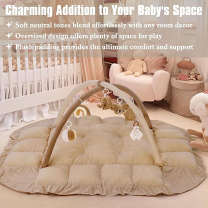 5-in-1 Plush Baby Play Gym, Baby Play Mats, Convertible Baby Gym, Tummy time mat, 6 Sensory Toys, Activity Center, Ball Pit, Brown