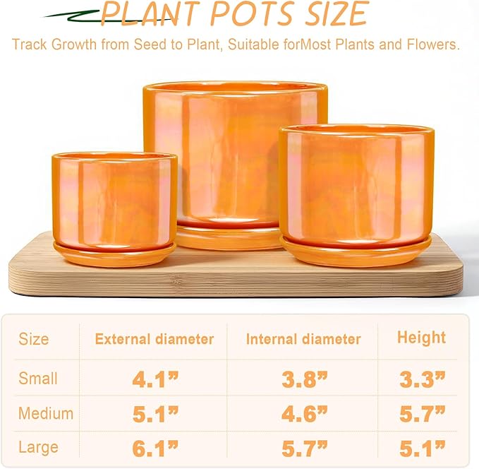 EFISPSS Ceramic Plant Pots,4+5+6 Inch Ceramic Indoor Pots for Plants with Drainage Hole,for Succulent Cactus,Pothos,Snake Plant Gift for Plant Lovers Set of 3 - Orange Pearl Glaze Plant Pots