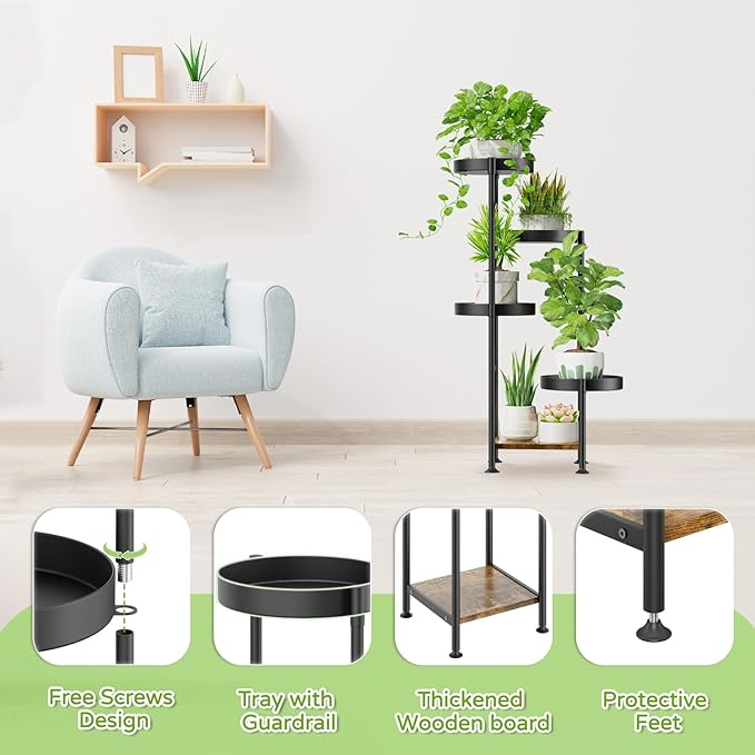 Plant Stand Indoor Outdoor, 5 Tier Metal Flower Pot Shelf Holder Clearance, Tall Corner Rack for Multiple Plants, Modern Organizer Display for Patio Orchid Office Porch Living Room Garden, Black