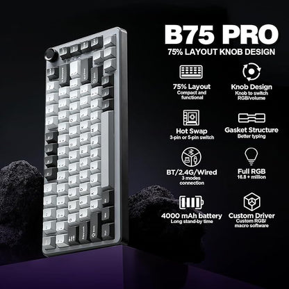 YUNZII B75 PRO 75% Wireless Mechanical Keyboard (Dark Grey,Cocoa V2) | Hot Swap Keyboard with Knob, Gasket Mount, Creamy Pre-lubed Switch for Smooth Typing, BT/USB-C/2.4G, for Gaming