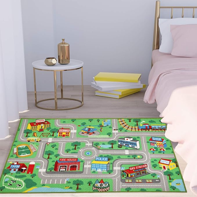 Kids Play Rug for Playroom 5.2x3.3 ft Town City Road Map Car Mat Play Mat Educational Learning Carpet Area Rug for Boy Girl Toddler Bedroom Playroom