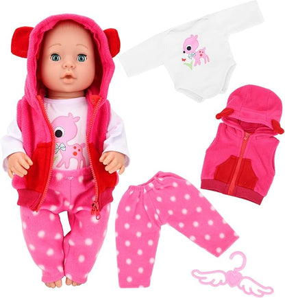 4 PCS Baby Doll Clothes and Accessories for 14-16 Inch Born Baby Dolls 1 Pink Hooded Vest with Pants T-Shirt and 1 Hanger Outfit Clothing Set for Dolls