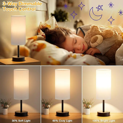 Dicoool Bedside Table Lamp for Bedroom - 3-Way Dimmable Touch Lamp, USB A+C | LED Bulb Included, 14" Small Nightstand Lamp for Desk, Living Room, Guest Room, White Fabric Lampshade, Black Metal Base