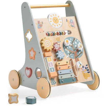 ROBUD Wooden Baby Walker, Baby Push Walker with Activity Center and Storage, Montessori Walker Toy for Boys and Girls Learning to Stand and Walk, Blue
