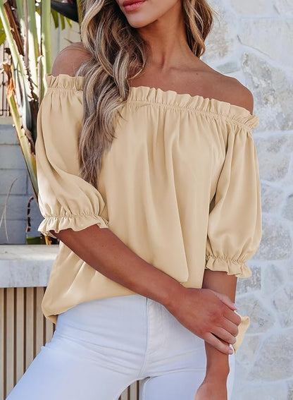 EVALESS Womens Tops Off The Shoulder Blouses for Women Dressy Casual Cute Puff Sleeve T Shirts Fashion 2026