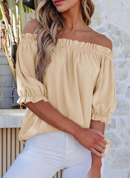 EVALESS Womens Tops Off The Shoulder Blouses for Women Dressy Casual Cute Puff Sleeve T Shirts Fashion 2026