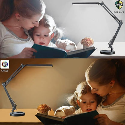 LED Desk Lamp with Clamp and Round Base,Eye Caring Table Lamp with Swing Arm,3 Color Modes 10 Brightness Levels,Memory Function, Desk Light for Home Office with USB Adapter Black-14W
