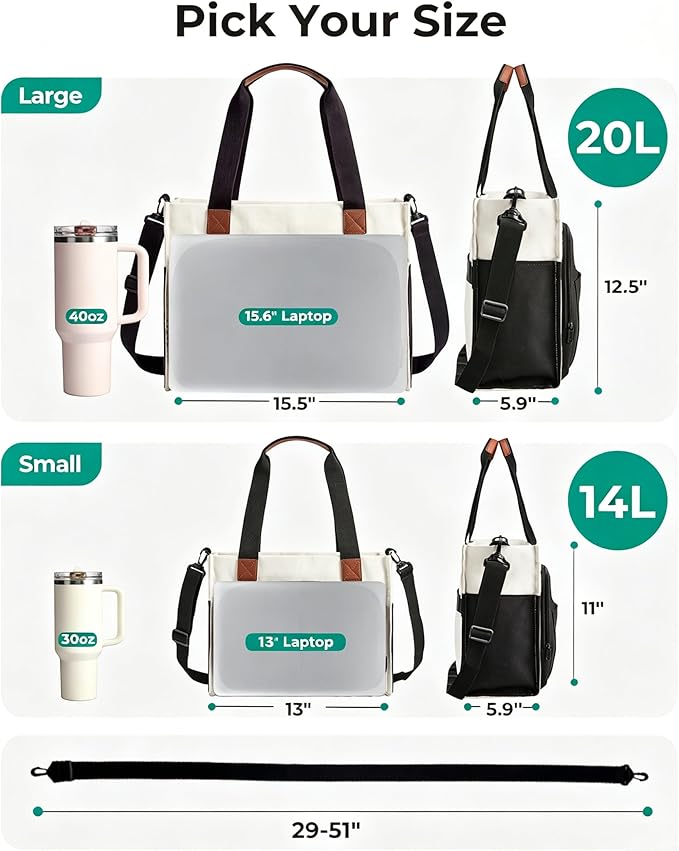 BAGSMART Small Tote Bag for Women, 13'' Laptop Canvas Work Bag with Zipper | 30oz/40oz Tumble & 11 Pockets Travel Tote, Teachers/Nurses, Lightweight Canvas or Water-Resistant Puffer Taslon Crossbody Bag