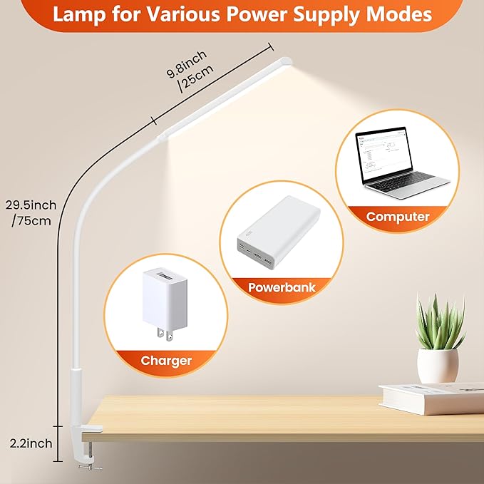 Desk Lamp with Clamp, Stepless Dimming Desk Lamps for Home Office Adjustable Desk Light Eye Caring Desk Lamp Office Lamp with USB Adapter for Working Drawing Sewing (White)