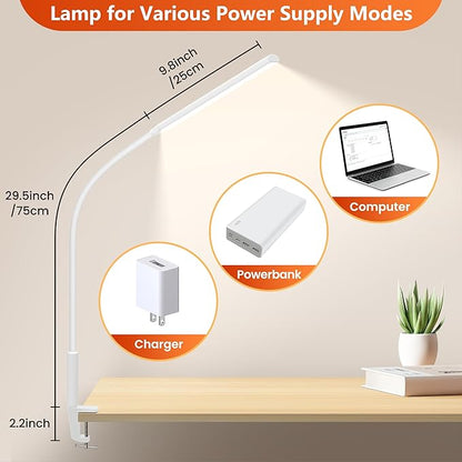 Desk Lamp with Clamp, Stepless Dimming Desk Lamps for Home Office Adjustable Desk Light Eye Caring Desk Lamp Office Lamp with USB Adapter for Working Drawing Sewing (White)