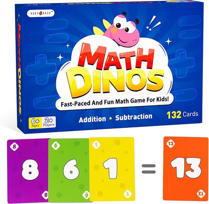 rokt&razo Math Dinos, Fast-Paced Math Card Game for Kids 5+, 8+ | 4 Operations with adjustable difficulty. Perfect for homeschool, STEM study aid & teaching tools. 132 cards, 2-6 players.