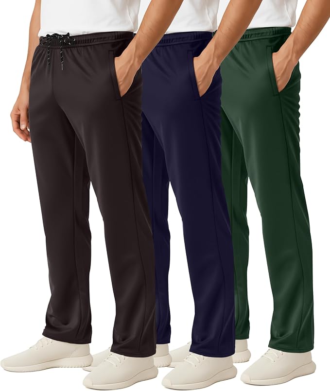 3 Pack Men's Mesh Open Bottom Sweatpants Active Athletic Workout Gym Pocket | Available in Big & Tall, Uncuffed, Elastic Waistband, Drawstring, Straight Leg, Running, Jogging, Exercise, Training, Sports