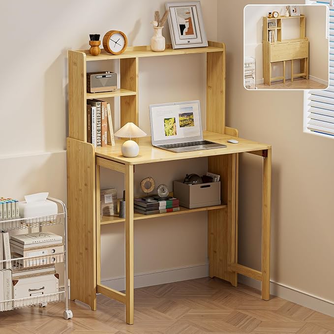 Folding Desk for Small Spaces, Bamboo Foldable Desk with Bookshelf, Natural | Small Computer Desk with Storage, Mid Century, Fold Out，Compact Size, for Bedroom, Living Room, Apartment, Home Office