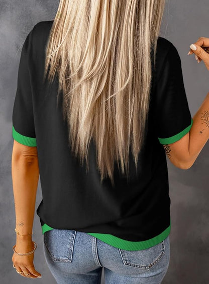 Dokotoo Womens Tops 2026 Casual Summer Crewneck Short Sleeve Striped Color Block Knit High Low Trendy Pullover Sweaters