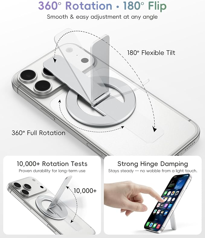 Magnetic Phone Stand Grip, 3-in-1 for MagSafe Phone Holder & Kickstand, Durable Silver Aluminum Grip, Ultra-Slim 2mm, 360° Rotation, Detachable for MagSafe Charging, Works with iPhone 17–12