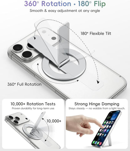 Magnetic Phone Stand Grip, 3-in-1 for MagSafe Phone Holder & Kickstand, Durable Silver Aluminum Grip, Ultra-Slim 2mm, 360° Rotation, Detachable for MagSafe Charging, Works with iPhone 17–12
