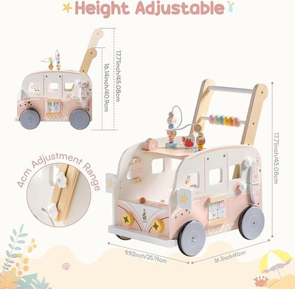 ROBUD Wooden Baby Walker, Height & Speed Adjustable Baby Push Walker with Anti-Slip Wheels, Developmental Activity Center with Ocean Vacation Theme, Wooden Walkers for Babies Learing to Walk，Pink