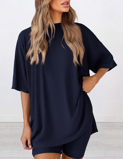 PRETTYGARDEN Women 2 Piece Lounge Set 2026 Summer Casual Oversized Shirts Biker Shorts Matching Airport Travel Outfit Clothes