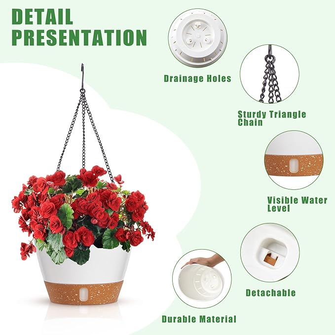 Amyhill 6 Pcs 8 Inch Hanging Planter for Indoor Plants Self Watering Hanging Pot Baskets with Drainage Hole Visible Water Level Tray with Hooks for Garden Outdoor(White)