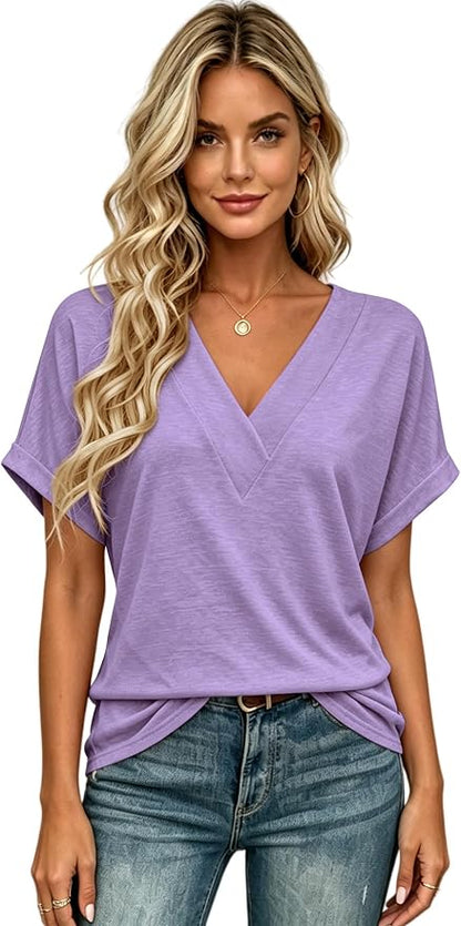 T Shirts Short Sleeve V Neck Tees Womens Tops Beach Vacation Fashion Clothes 2026 Casual Summer Spring Fall Outfits
