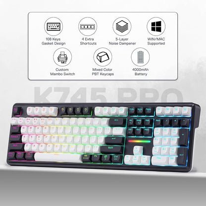 Redragon K745 PRO Wireless 108-Key Gasket RGB Gaming Keyboard, 4 Hotkeys | Extra Shortcut Keys, 0-Delay Tri-Mode, Cushioned Noise Dampening for Creamy Thocky Sound, Unfaded PBT Keycaps, PRO Software