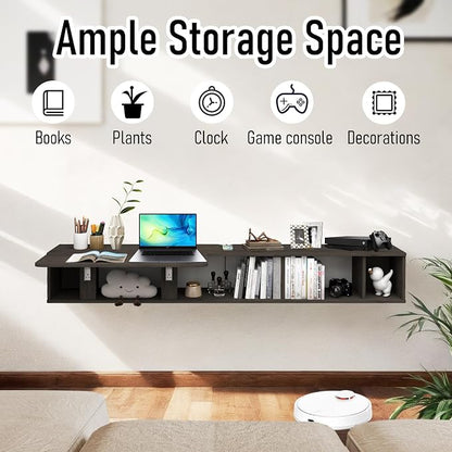 Pmnianhua 63'' Floating Desk with Storage Shelves,Wall Mounted Desk Laptop Computer Writing Study Table for Bedroom Small Space(Dark Grey)