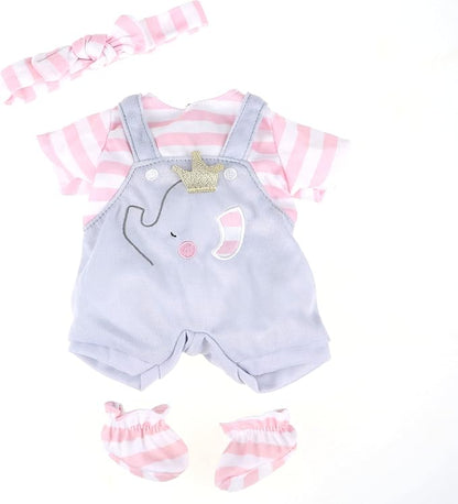 JC Toys | Berenguer Boutique | Baby Doll Outfit | Gray Overall Shorts with Pink Stripes | Includes Headband and Booties | Ages 2+ | Fits Dolls 14"- 16"