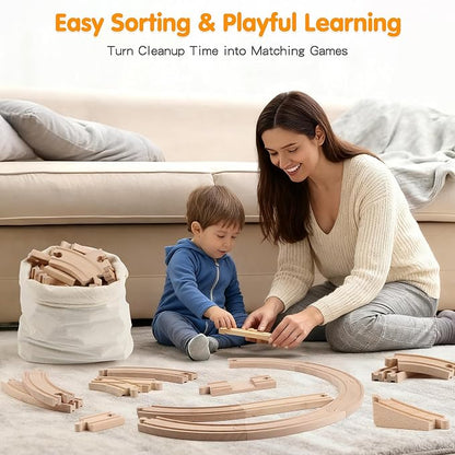 Qilay Wooden Train Track Set - 62PCS Track Expansion with 1 Bonus Magnetic Trains, Arched Bridge, Storage Bag, Compatible with All Major Brand Train Set for Kids 3+