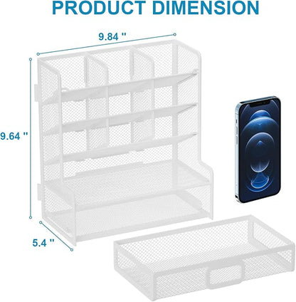 Marbrasse Larger Mesh Desk Organizer with Drawer, Multi-Functional Pen Pencil Holder, Easy Assembly, Desk Organizers and Accessories for Office Art Supplies (White) | Multi-Functional Pen Pencil Holder, Easy Assembly, For Office Art Supplies