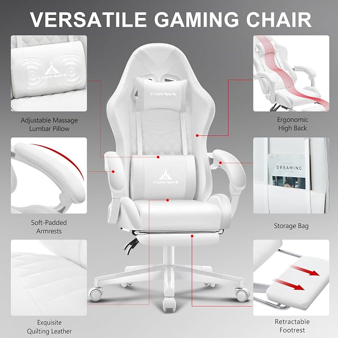 White Gaming Chair,Ergonomic Massage Office Desk Chair with Footrest | Pocket Spring Cushion,Reclining,Thick High Back,Headrest and Lumbar Support,Adjustable Leather Computer Chair Gamer Chair