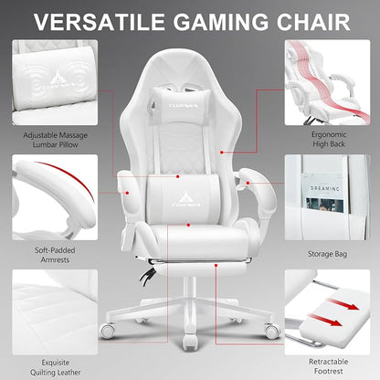 White Gaming Chair,Ergonomic Massage Office Desk Chair with Footrest | Pocket Spring Cushion,Reclining,Thick High Back,Headrest and Lumbar Support,Adjustable Leather Computer Chair Gamer Chair