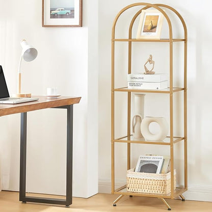 HOMBAZAAR Bookshelf,4-Tier Modern Bookcase,Book Shelf with Tempered Glass,Tall Bookshelf for Home Office, Bedroom and Living Room,Gold.