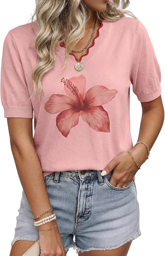 Dokotoo Womens Summer Short Sleeve Knit Tops 2026 Spring Trendy Casual V Neck Striped Sweater Blouses