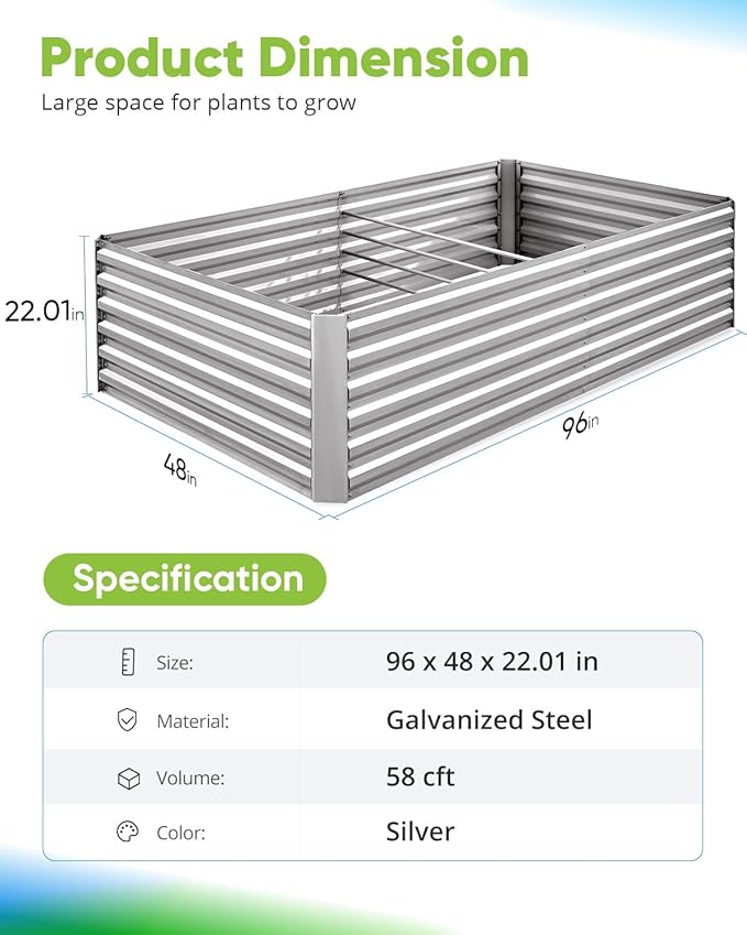 Quictent Galvanized Raised Garden Bed 8x4x2 Ft Tall Metal Planter Box for Vegetables Outdoor Bottomless for Backyard, 2 Tomato Cages Included, 22.04" Deep (Silver)