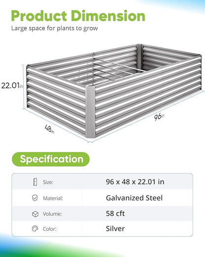Quictent Galvanized Raised Garden Bed 8x4x2 Ft Tall Metal Planter Box for Vegetables Outdoor Bottomless for Backyard, 2 Tomato Cages Included, 22.04" Deep (Silver)