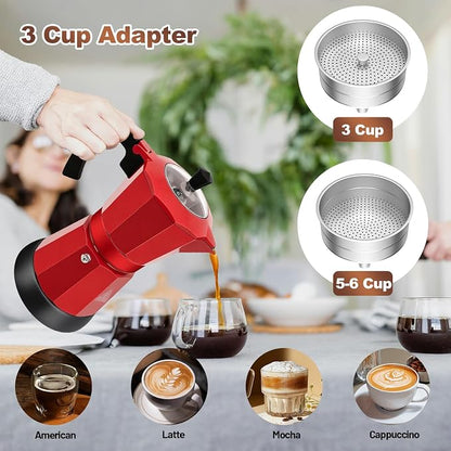 Electric Aluminum Moka Pot 3-6 Cup 150-270ml Espresso Maker | with Detachable Base Ideal Coffee Makers for Home MochaPot Italian and Cuban Café Coffeemaker Espressomaker CoffeePot Red